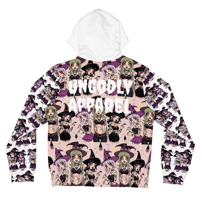 "Ungodly Apparel Witchy Wear" Gothic Witchy Full-Zip Hoodie for Women, Halloween Fashion, Witch Costume, Gift for Her, Trendy Hooded Sweatshirt