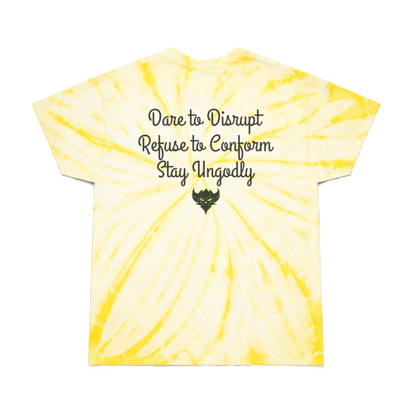 Tie-Dye Tee — Yellow Cyclone Spiral Tee with "Ungodly Apparel" Text