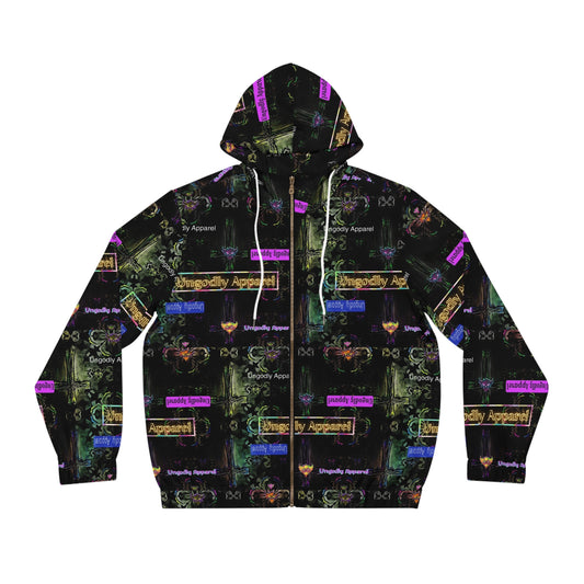 "Ungodly Apparel" Edgy Graphic Full-Zip Hoodie for Men - Stylishly Approved Apparel