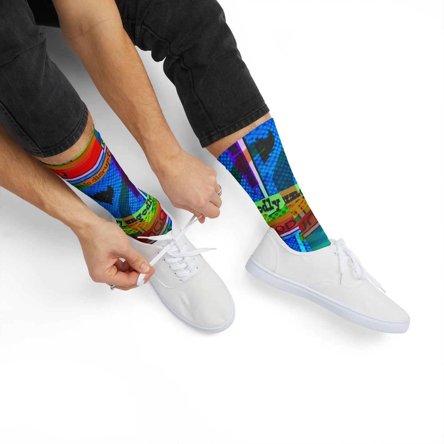 Ungodly Apparel Retro Vaporwave Sublimation Socks — Colorful 90s Cassette & Pixel Art Crew Socks