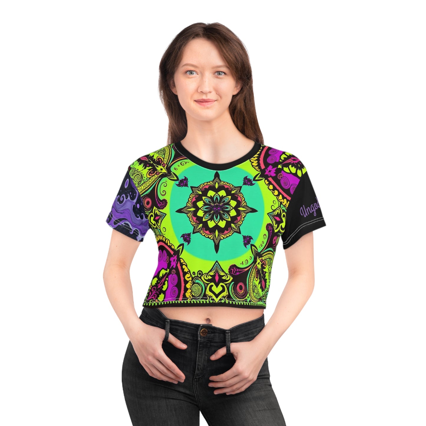 "Ungodly Purple Paisley Hippy Princess Crop-Top" Colorful Mandala Crop Tee - Boho Style Top for Festivals, Summer Wear, Yoga, Gifts for Her, Vibrant Fashion