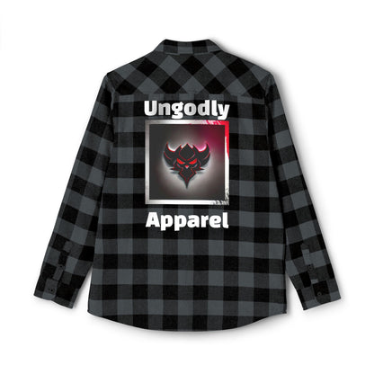 "Ungodly Apparel" Unisex Flannel Shirt, Cozy Layering Shirt, Casual Style, Outdoor Adventure Clothing, Graphic Design Shirt, Gift for Him/Her