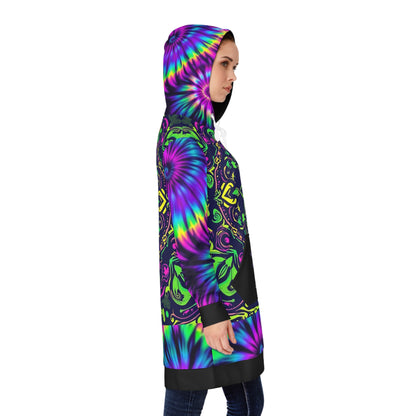 "Ungodly Trippy" Vibrant Women's Hoodie Dress with Colorful Tie-Dye Pattern, Bohemian Style, Cozy Fashion, Gift for Festivals, Casual Wear, Lounge Dress