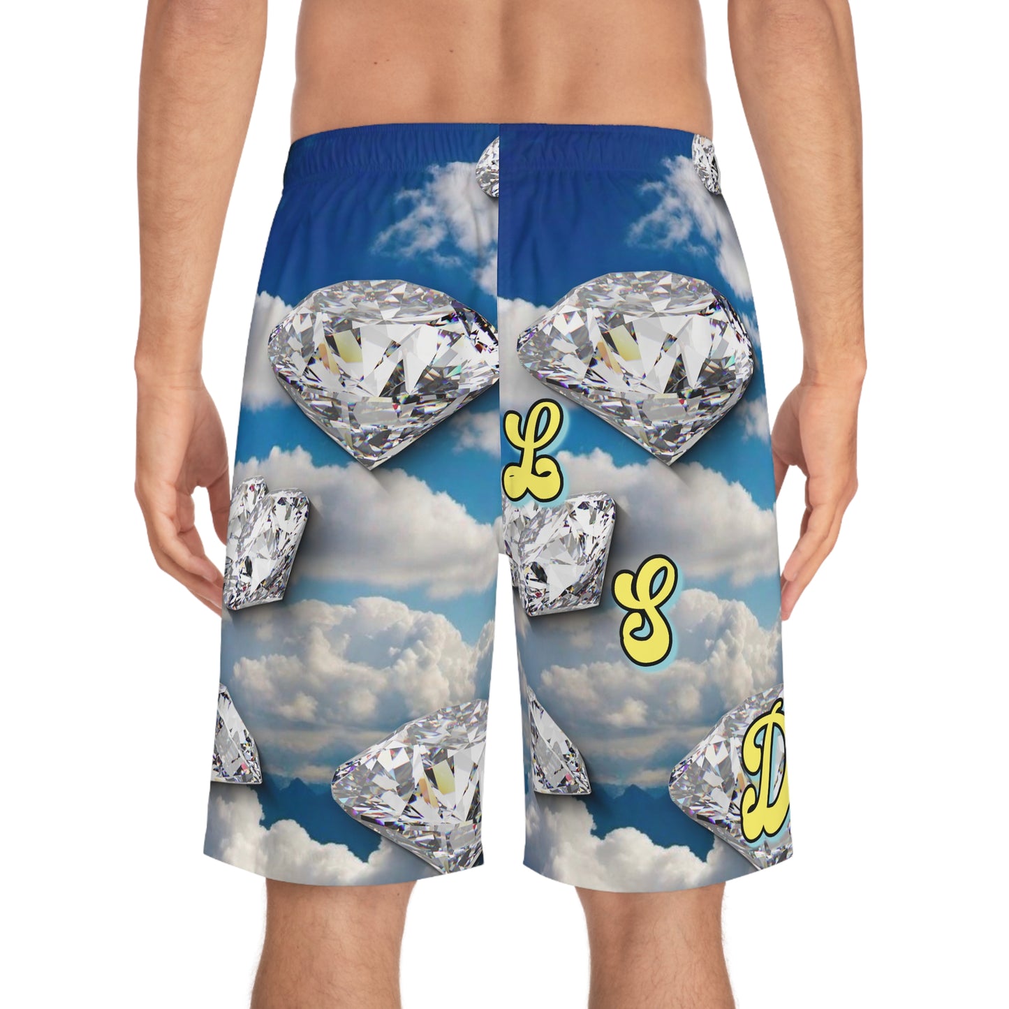 "Lucy in the Sky with Diamonds Board Shorts" Sky Blue Diamond Men's Board Shorts - Personalized Swim Trunks, Beachwear, Custom Summer Shorts, Vacation Essentials, Gift for Him