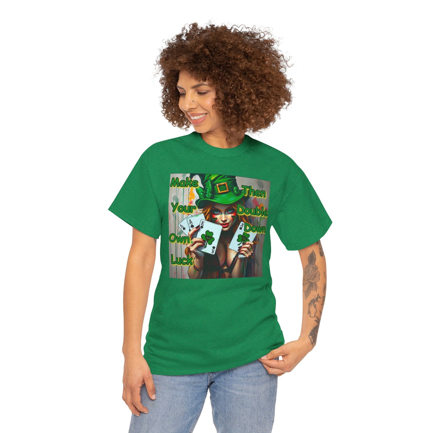 St. Patrick's Day Unisex Heavy Cotton Tee - "Make Your Own Luck Then Double Down" Fun Graphic Tee