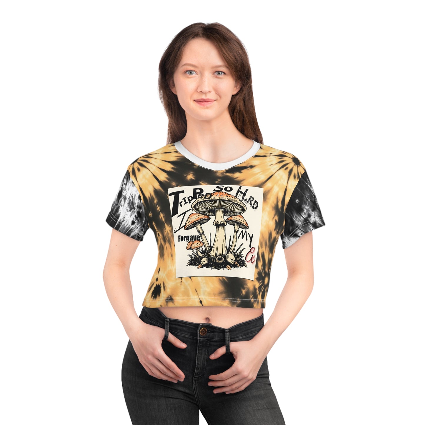 Trendy Tie-Dye Crop Tee with Playful Mushroom Graphics, Summer Fashion Top, Festival Wear, Gift for Friends, Edgy Casual Style