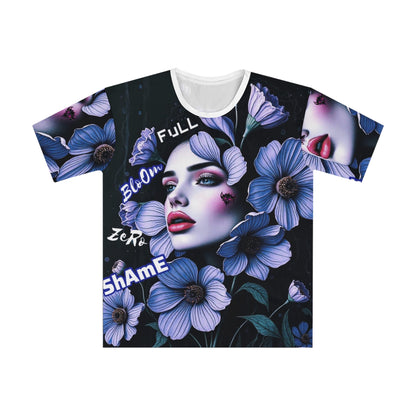 Stylish Floral Graphic T-Shirt - 'FULL BLOOM ZERO SHAME' Design