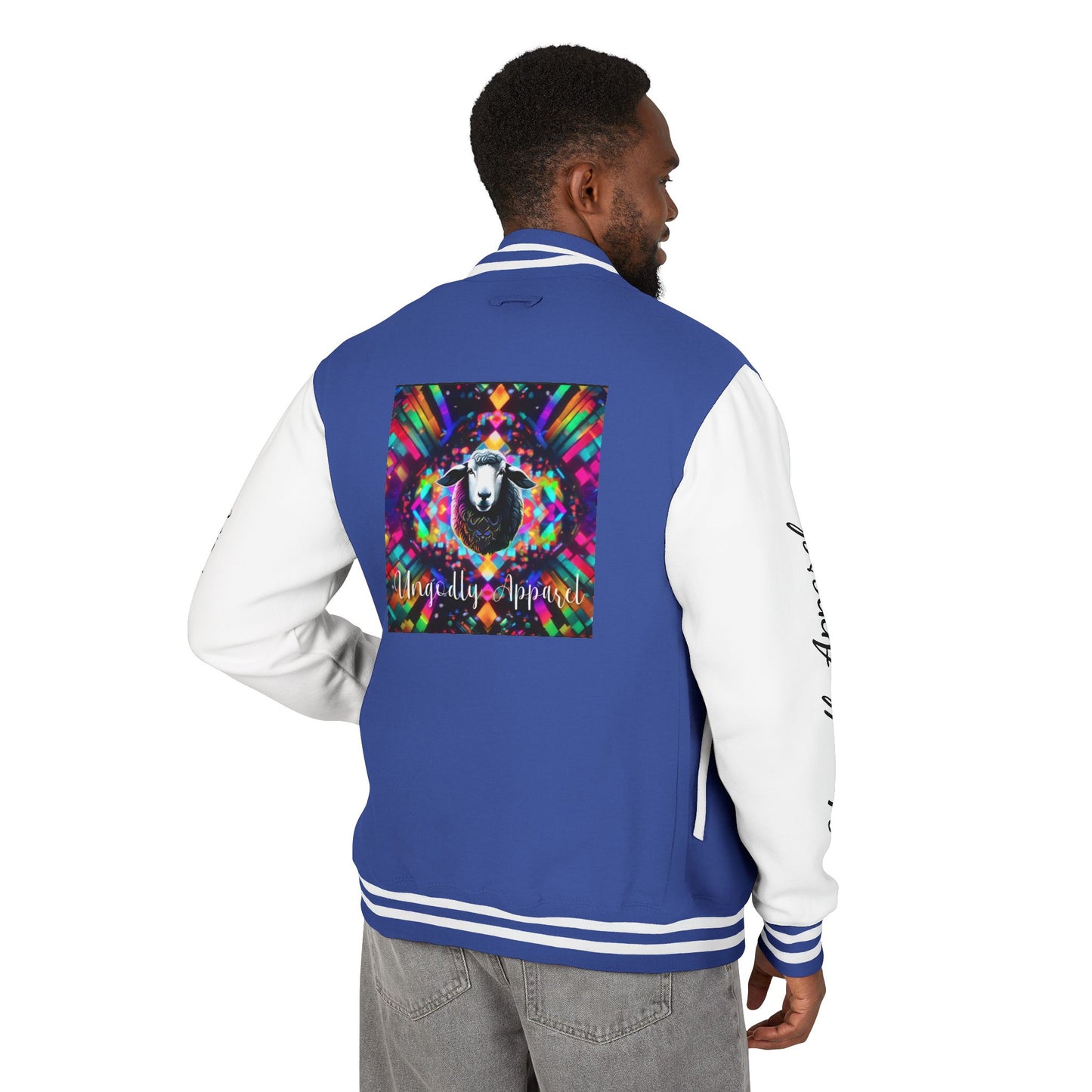 Letterman Jacket — Pink Kaleidoscope "Black Sheep of the Family"  Design with 'Ungodly Apparel' Sleeve Text