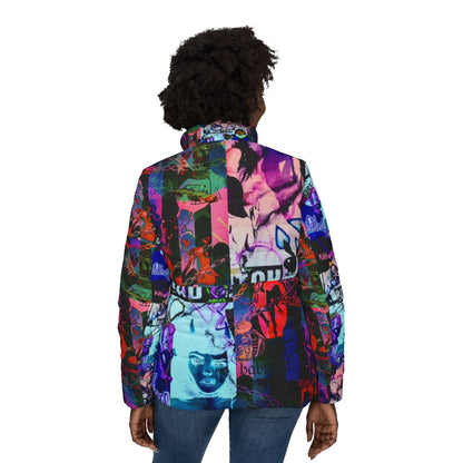 "Bad Bitch Mashup" Vibrant Women’s Puffer Jacket - Bold Graphic Design for Trendsetters