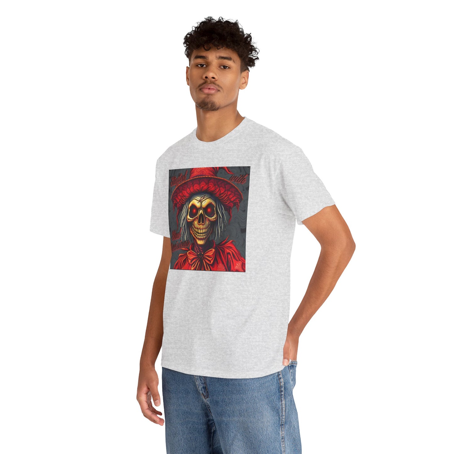 "Stuffed with Bad Decisions" Vintage-Inspired Scarecrow Skull Tee: Perfect for Halloween, Casual Wear, Gifts, Concerts, & Everyday Style