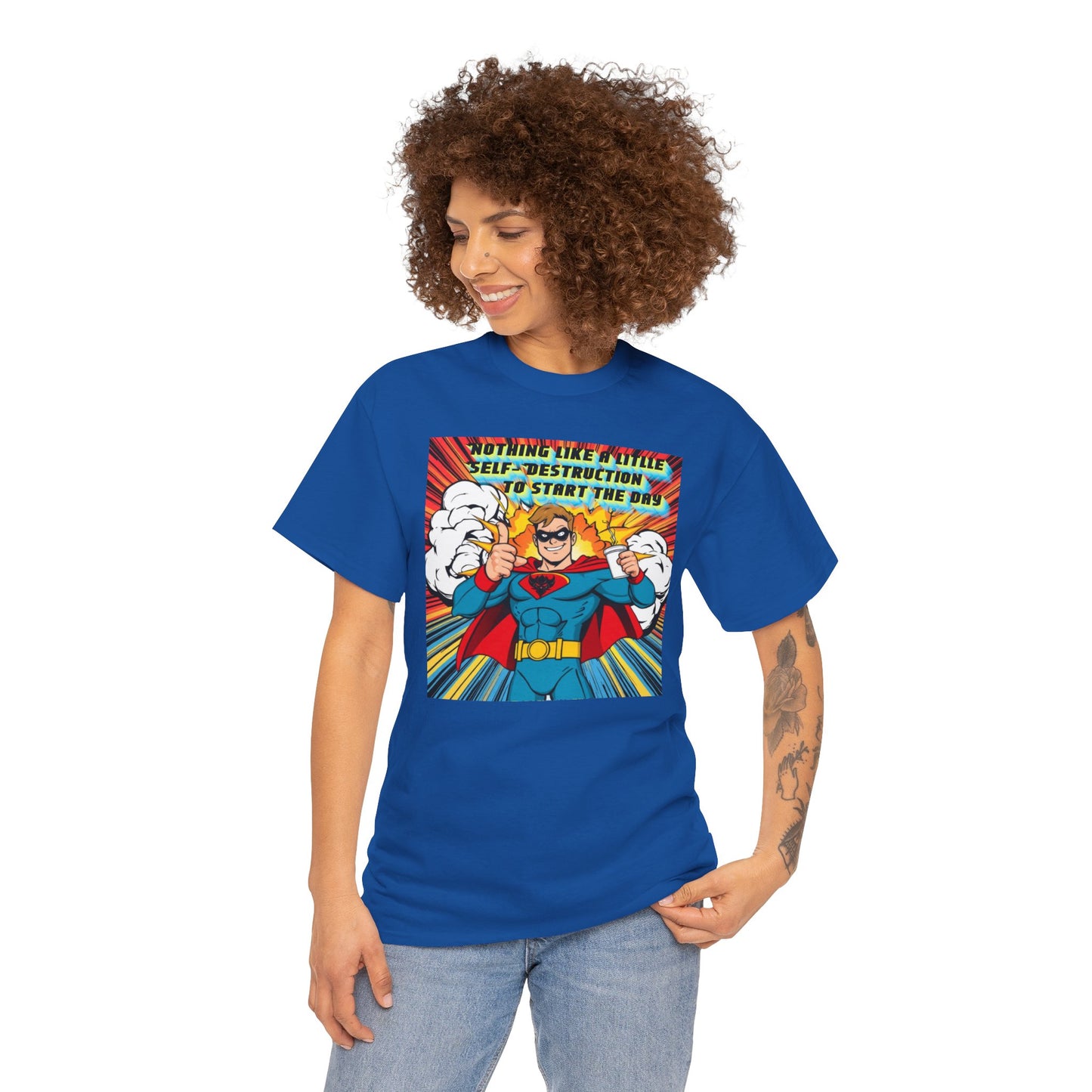 Comic Hero "Nothing Like a Little Self-Destruction to Start the Day" Unisex Heavy Cotton Tee