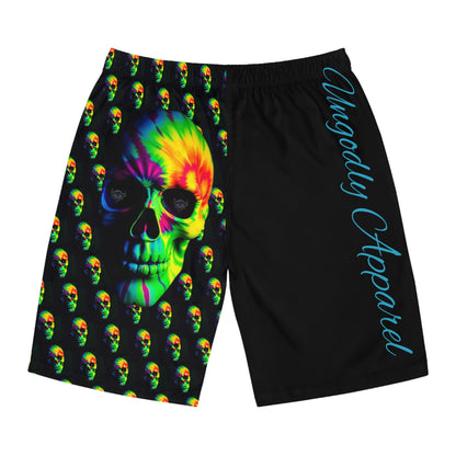 Vibrant "Ungodly" Skull Print Board Shorts, Summer Swim Trunks, Beach Wear, Festival Apparel, Men's Swim Shorts for Parties