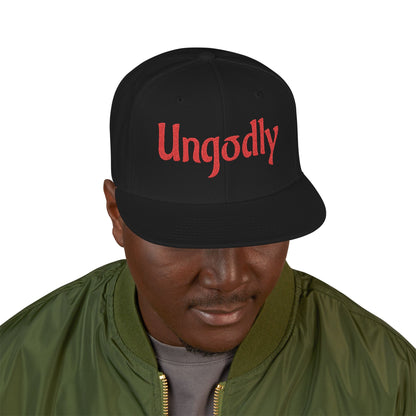 Snapback Hat — Red Embroidered 'Ungodly' Gothic Script