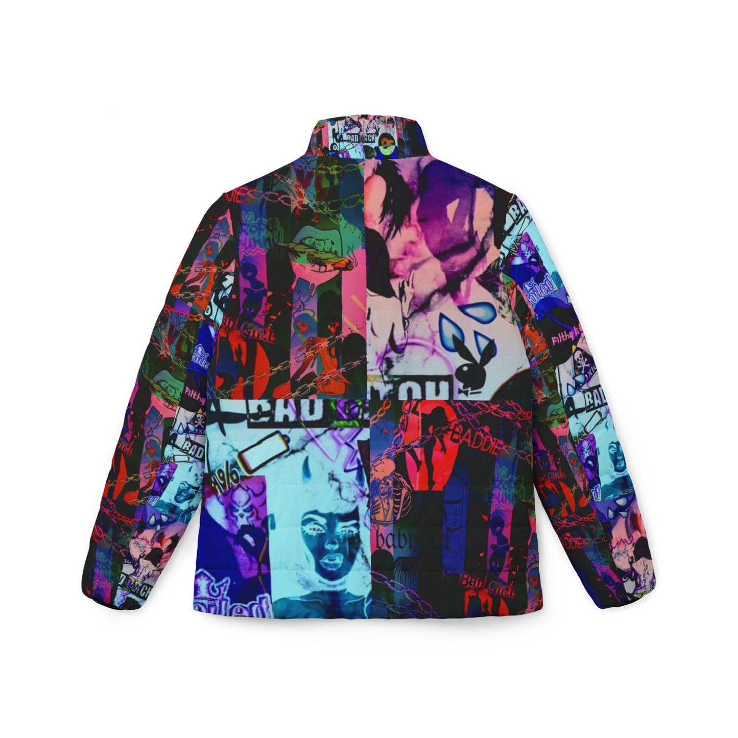 "Bad Bitch Mashup" Vibrant Women’s Puffer Jacket - Bold Graphic Design for Trendsetters