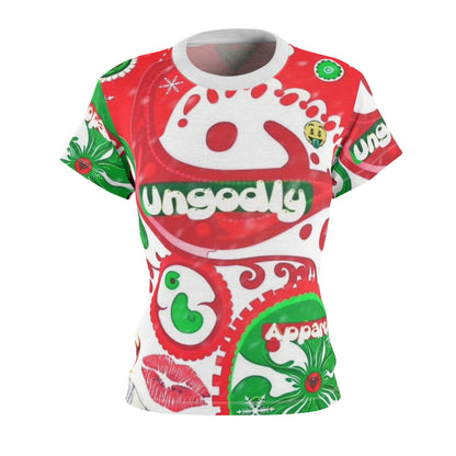 Christmas Graphic Tee — 'Ungodly Apparel' Red & Green All-Over Print Women's Shirt