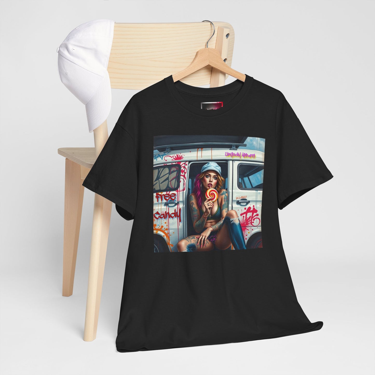 "Free Candy" Street Art Unisex Heavy Cotton Tee, Casual Graphic Shirt, Vintage Style Tee, Unique Gift, Urban Wear, Art Lover Apparel