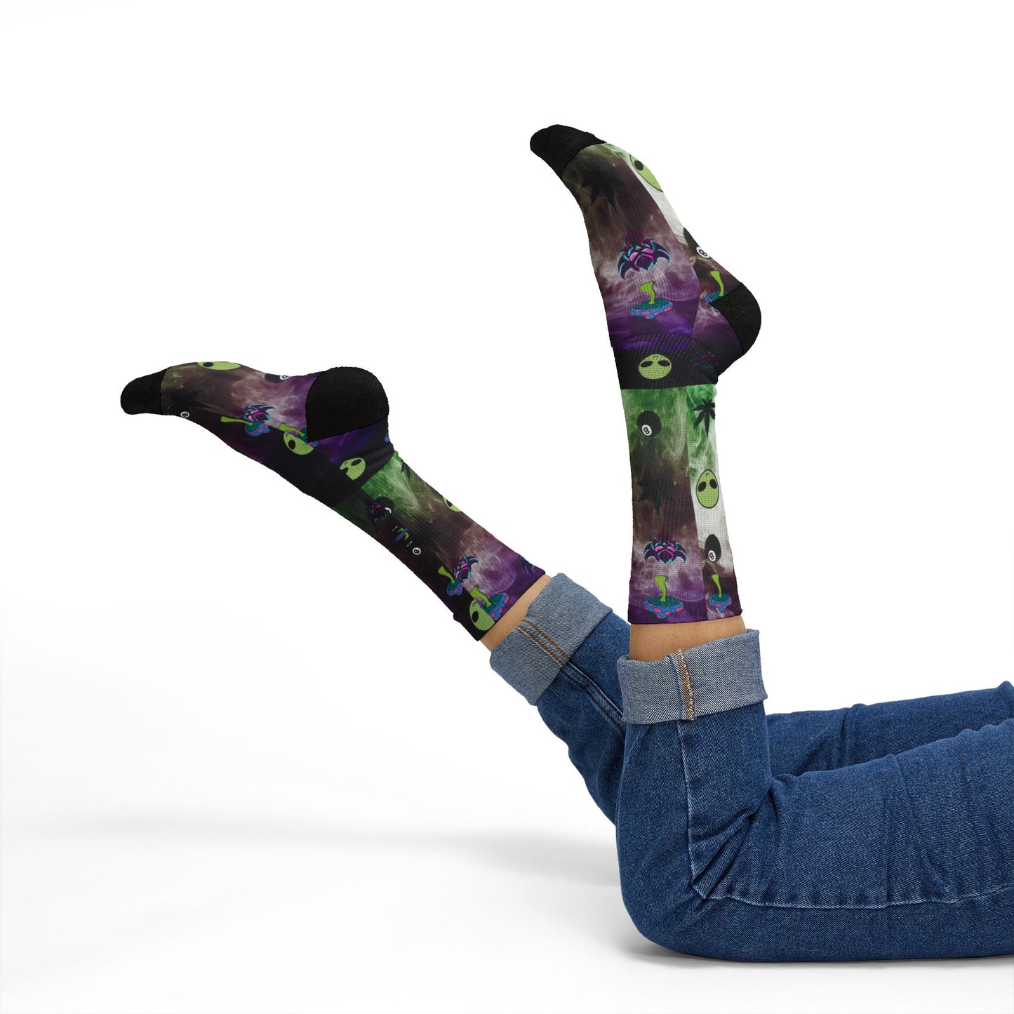 Alien Galaxy Sublimation Socks — Psychedelic UFO & Cannabis Pattern Crew Socks