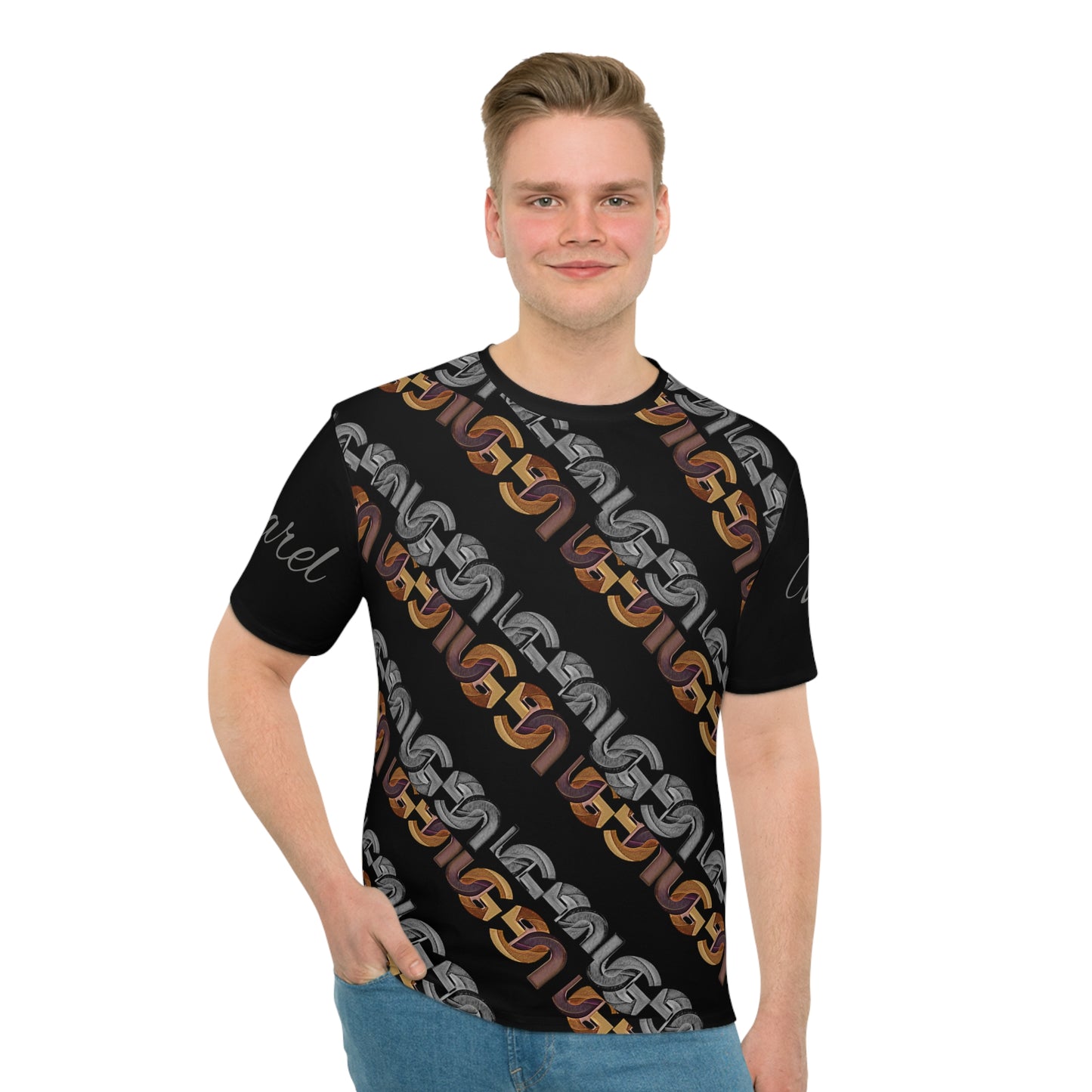 Ungodly Chains Pattern Men's Loose T-Shirt — Black Diagonal Link Graphic All-Over Print