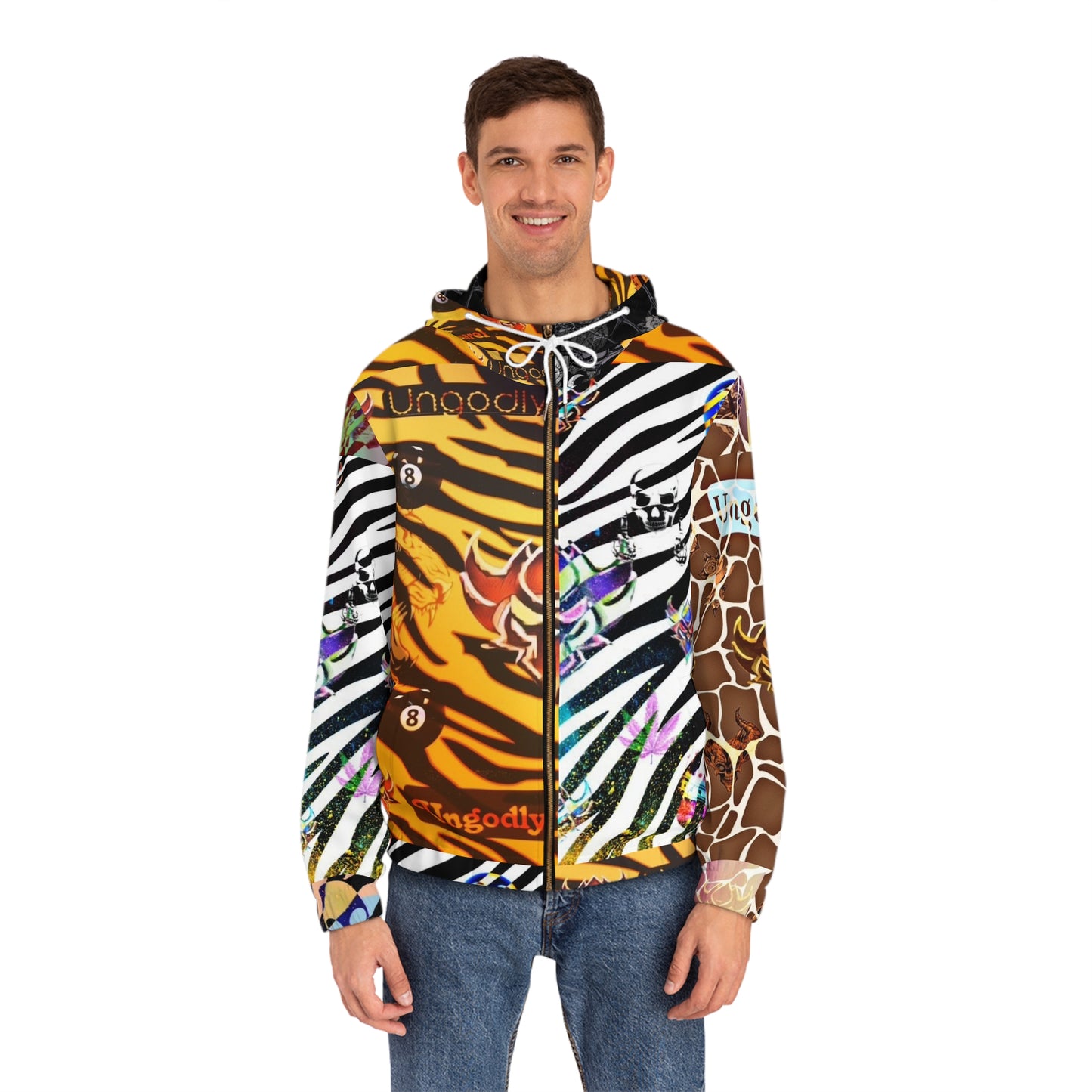 "Ungodly Zookeeper" Vibrant Animal Print Full-Zip Hoodie for Men