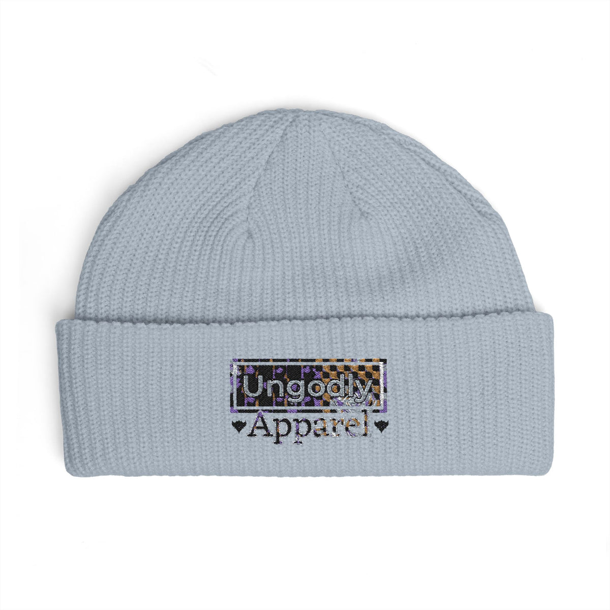 Embroidered 'Ungodly Apparel' Cuff Beanie — Sequin Patch Winter Knit Cap