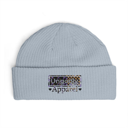 Embroidered 'Ungodly Apparel' Cuff Beanie — Sequin Patch Winter Knit Cap