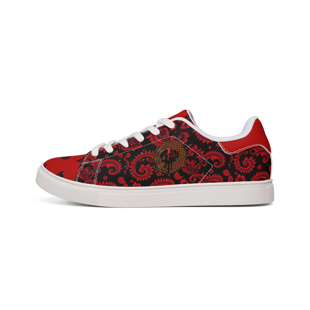 Red and Black "Ungodly Apparel Logo" Paisley Leather Sneakers
