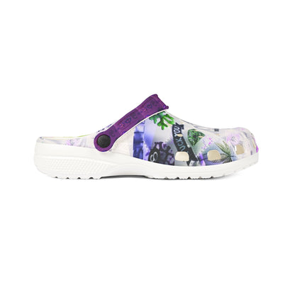 Printed EVA Foam Clogs — Colorful Purple Strap All‑Over Print Garden Vibe