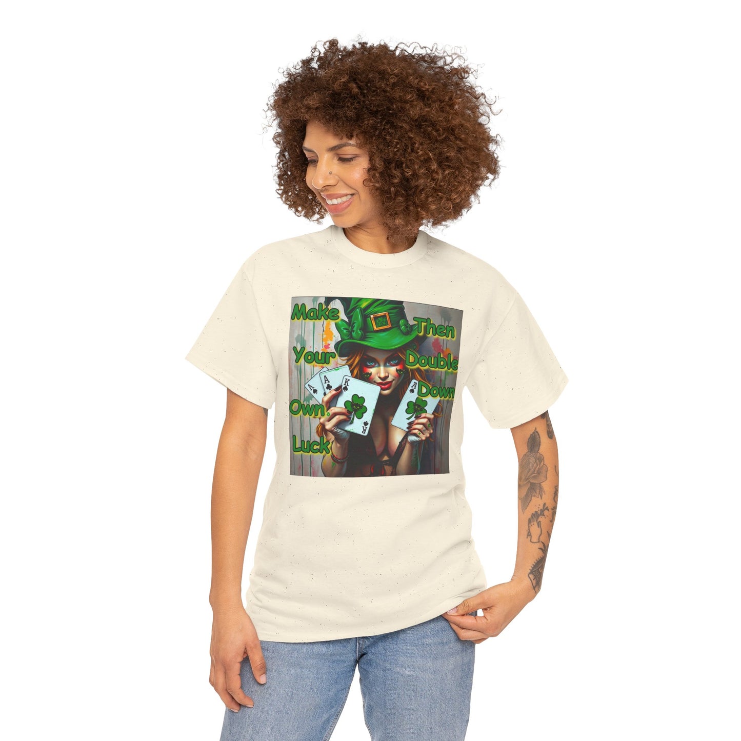 St. Patrick's Day Unisex Heavy Cotton Tee - "Make Your Own Luck Then Double Down" Fun Graphic Tee