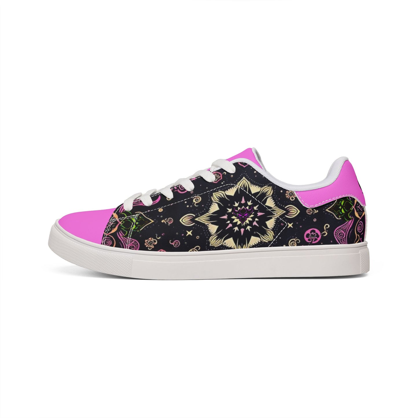 Men's Low-Top Leather Sneakers — Pink Kaleidoscope Floral Design