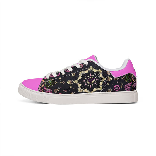 Men's Low-Top Leather Sneakers — Pink Kaleidoscope Floral Design
