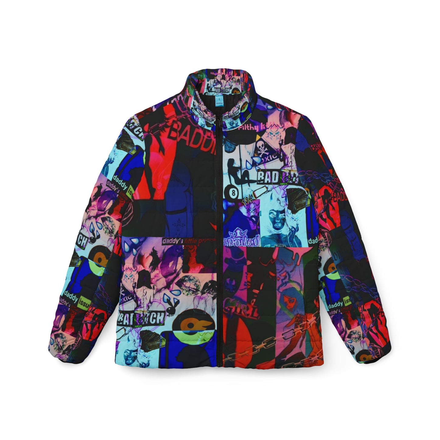 "Bad Bitch Mashup" Vibrant Women’s Puffer Jacket - Bold Graphic Design for Trendsetters