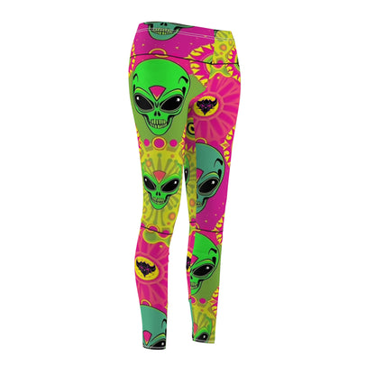 Psychedelic Alien Print Leggings — Colorful Neon Skull & Sun Pattern