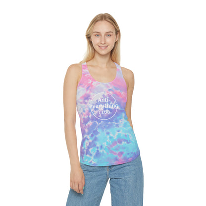 "Anti-Everything Club" Light Blue Tie Dye Racerback Tank Top, Casual Beachwear, Summer Vibes, Festival Top, Anti Everything Club