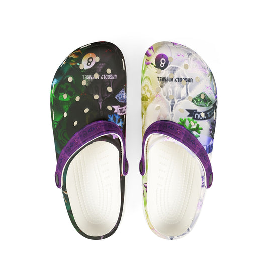 Printed EVA Foam Clogs — Colorful Purple Strap All‑Over Print Garden Vibe