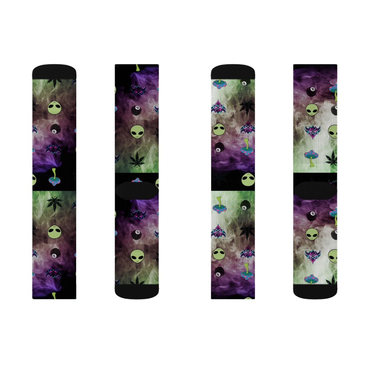 Alien Galaxy Sublimation Socks — Psychedelic UFO & Cannabis Pattern Crew Socks