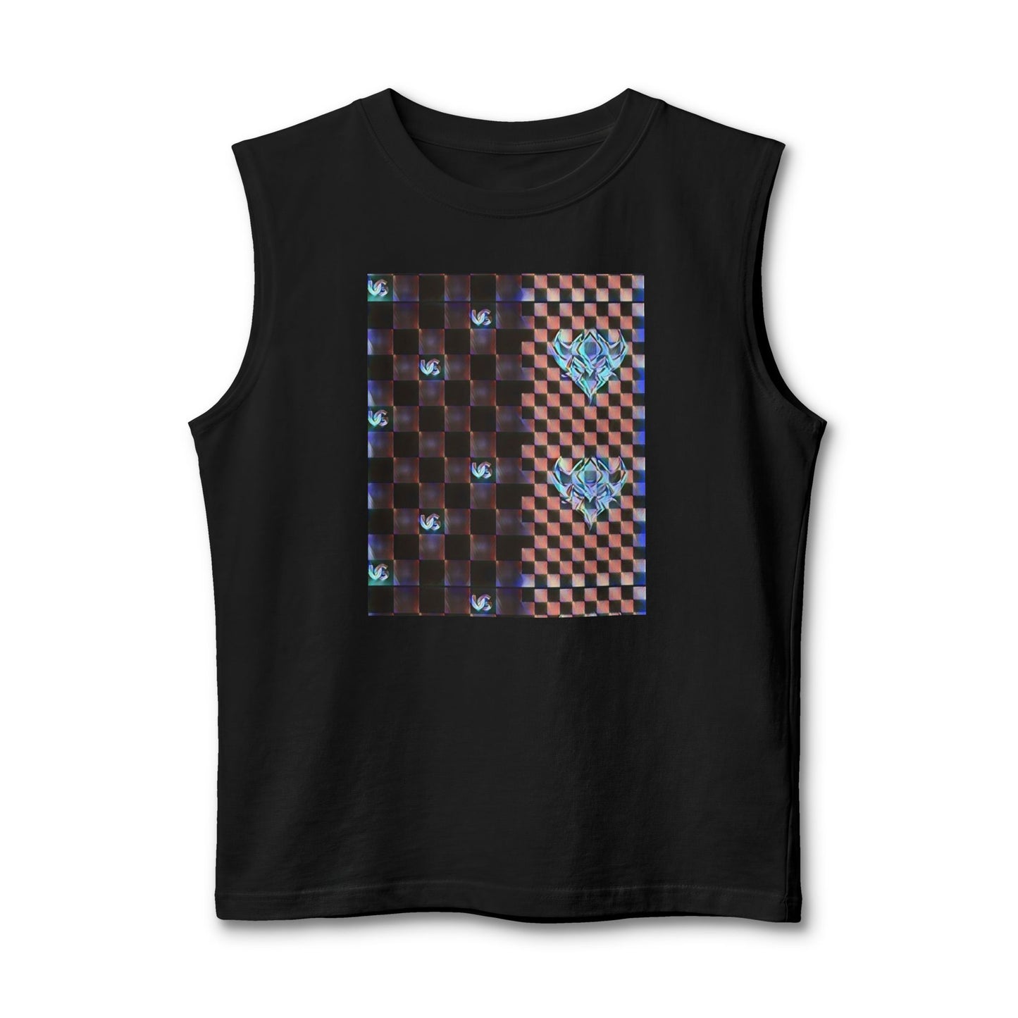 UG Checkerboard Pattern Muscle Tank — Retro Blue Holographic Logo