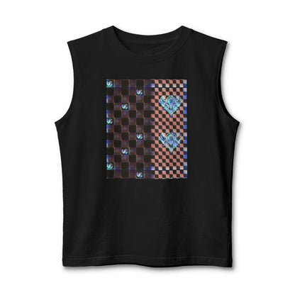 UG Checkerboard Pattern Muscle Tank — Retro Blue Holographic Logo