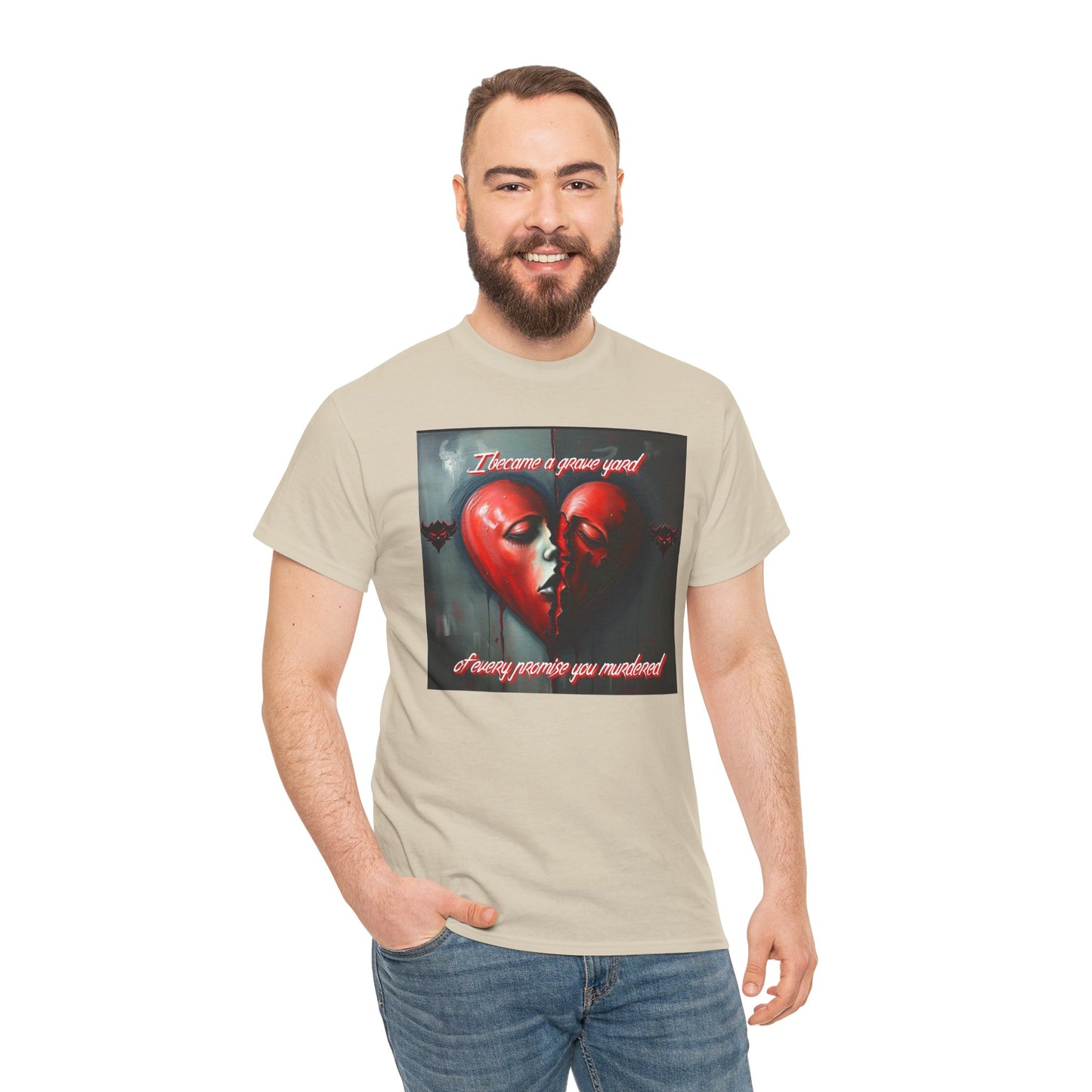 Heartbreak Unisex Heavy Cotton Tee - "I Became a Graveyard to Every Promise You Murdered" Graphic T-Shirt