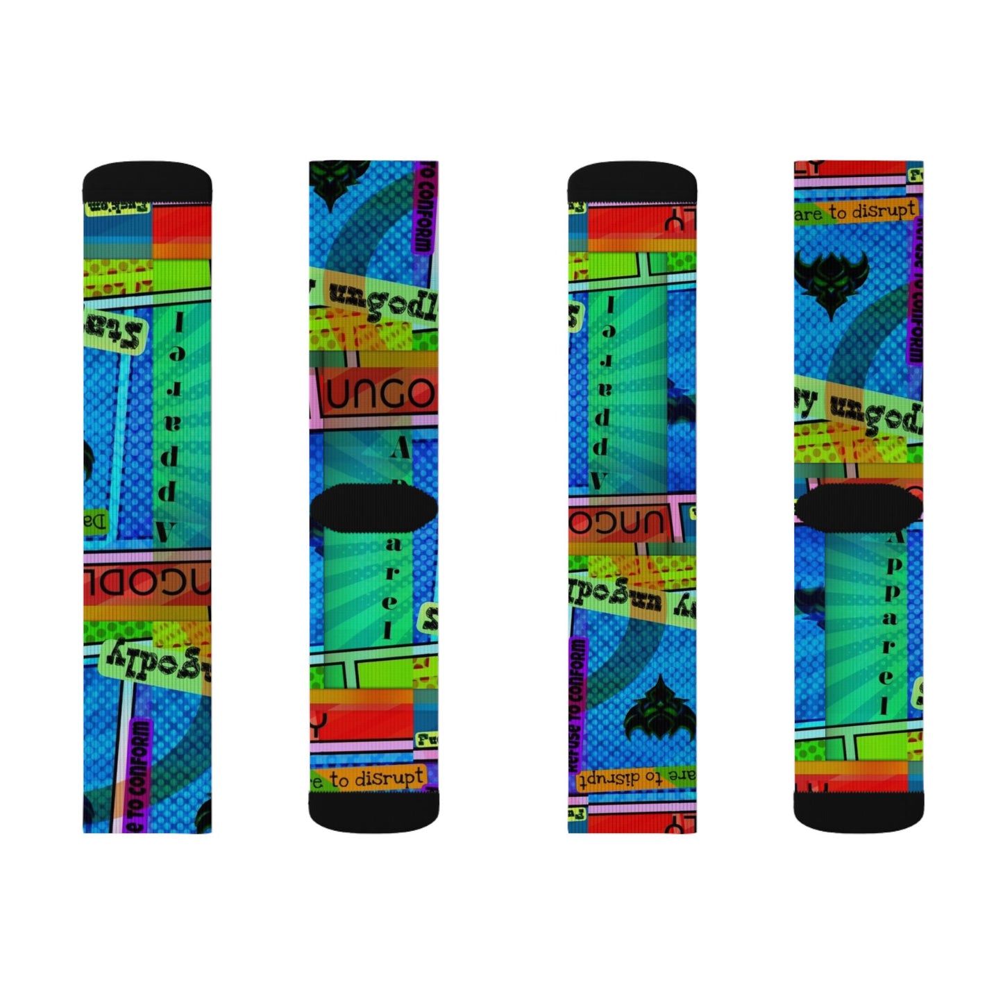 Ungodly Apparel Retro Vaporwave Sublimation Socks — Colorful 90s Cassette & Pixel Art Crew Socks