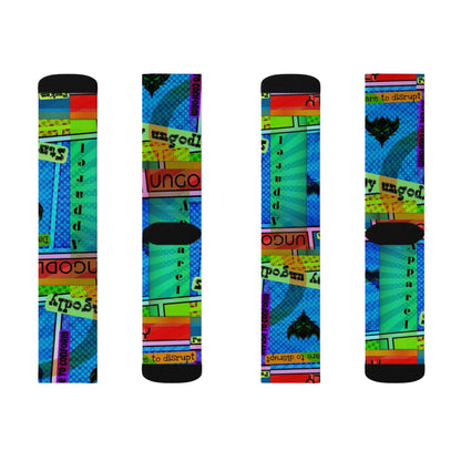 Ungodly Apparel Retro Vaporwave Sublimation Socks — Colorful 90s Cassette & Pixel Art Crew Socks