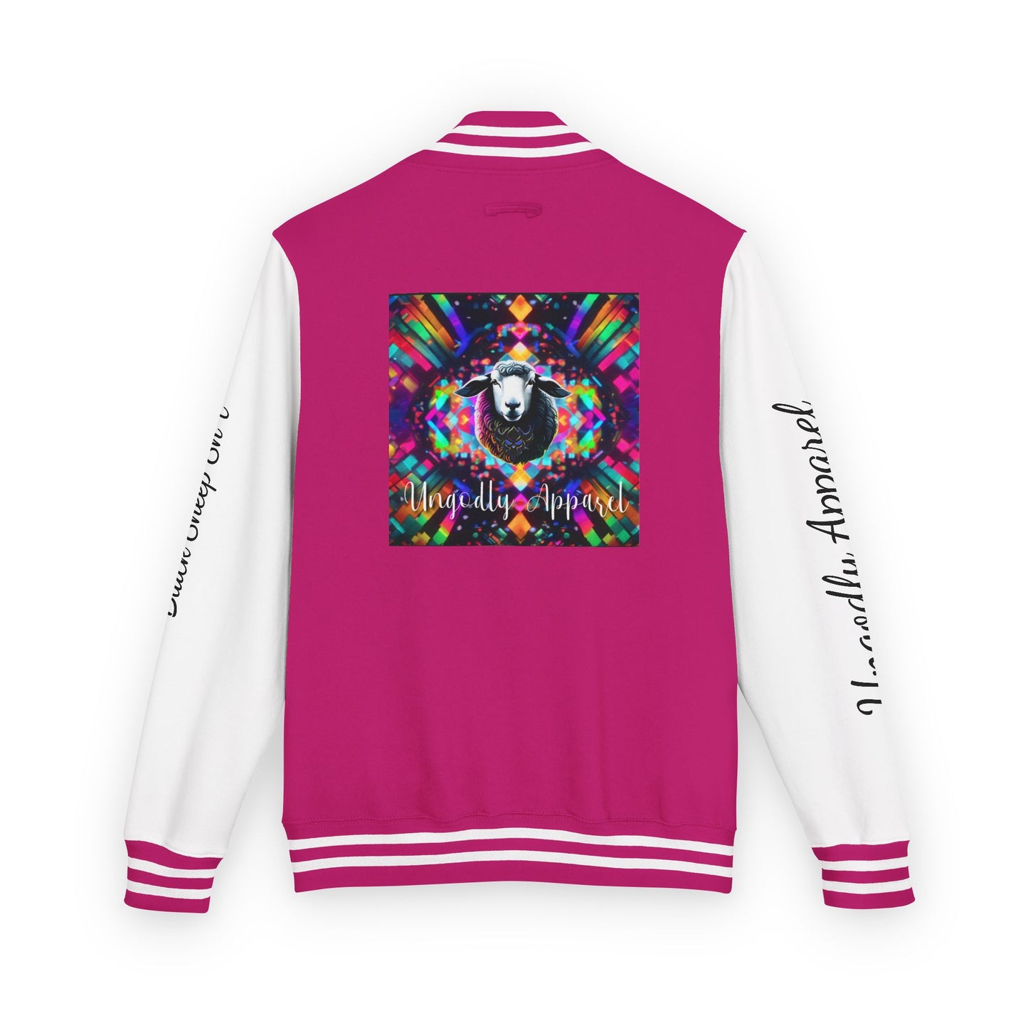 Letterman Jacket — Pink Kaleidoscope "Black Sheep of the Family"  Design with 'Ungodly Apparel' Sleeve Text