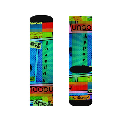 Ungodly Apparel Retro Vaporwave Sublimation Socks — Colorful 90s Cassette & Pixel Art Crew Socks