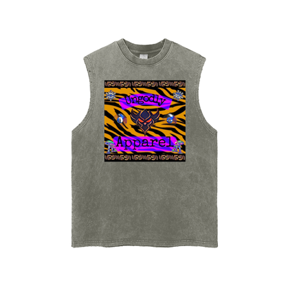 Snow Washed Frayed "Ungodly Tiger" Hem Tank Top