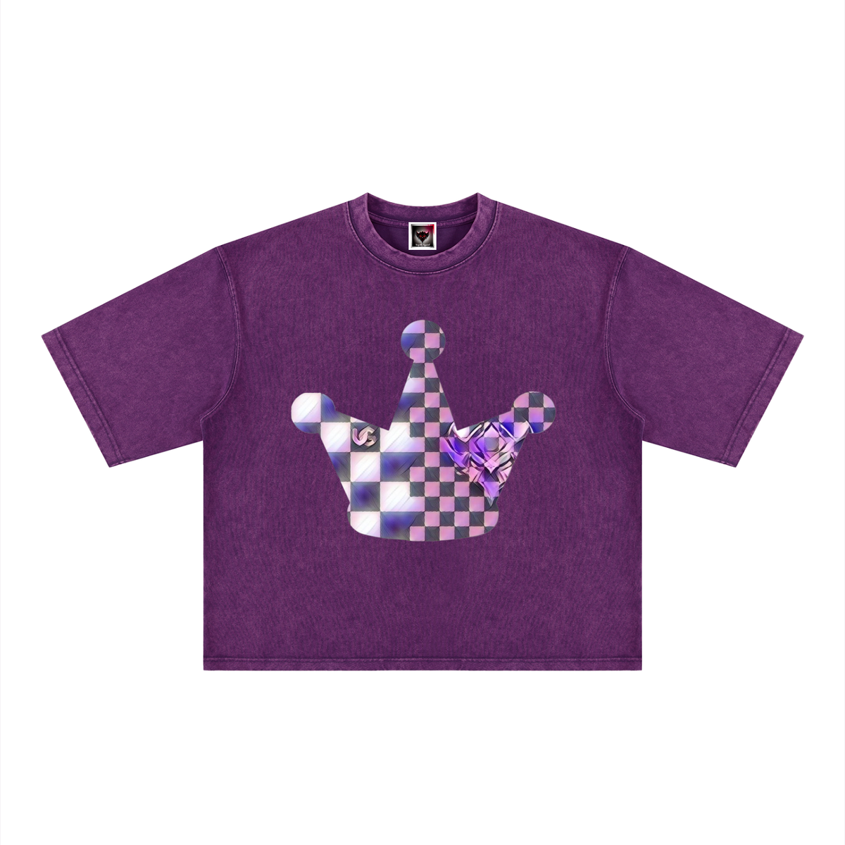 "Purple Checkerboard Crown" Unisex Heavyweight Mineral Wash Boxy T-Shirt