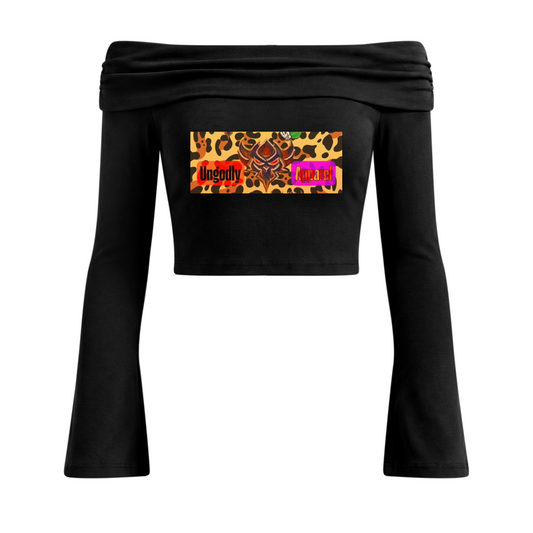 "Ungodly Apparel Leopard" Women's Off-the-Shoulder Bell Sleeve Crop T-Shirt