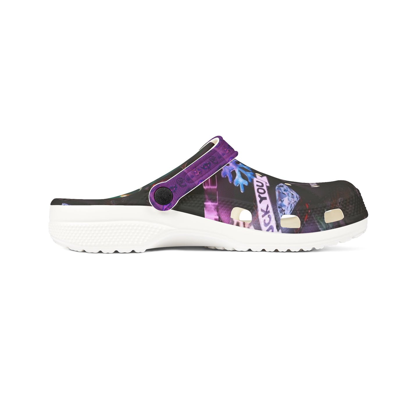 Printed EVA Foam Clogs — Colorful Purple Strap All‑Over Print Garden Vibe