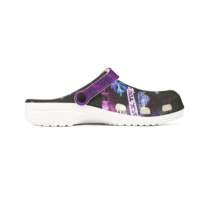 Printed EVA Foam Clogs — Colorful Purple Strap All‑Over Print Garden Vibe