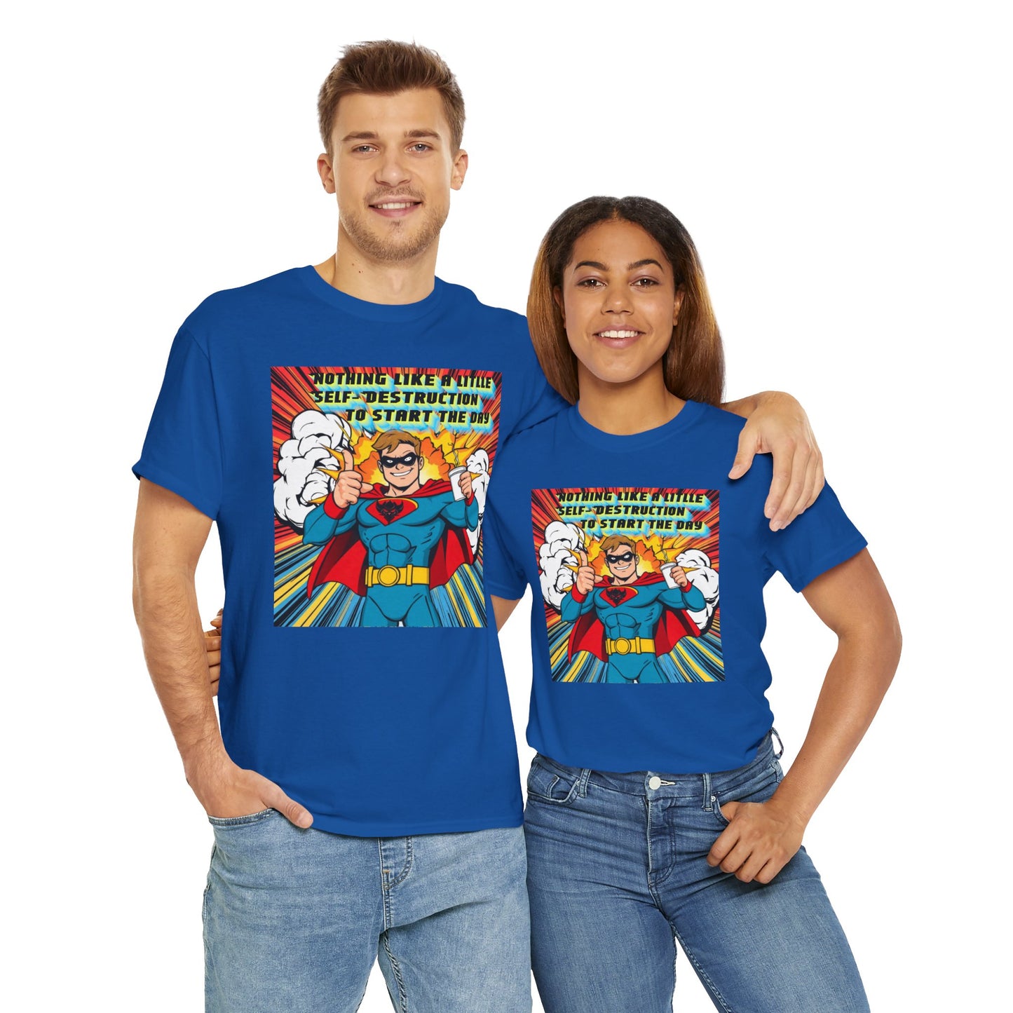 Comic Hero "Nothing Like a Little Self-Destruction to Start the Day" Unisex Heavy Cotton Tee