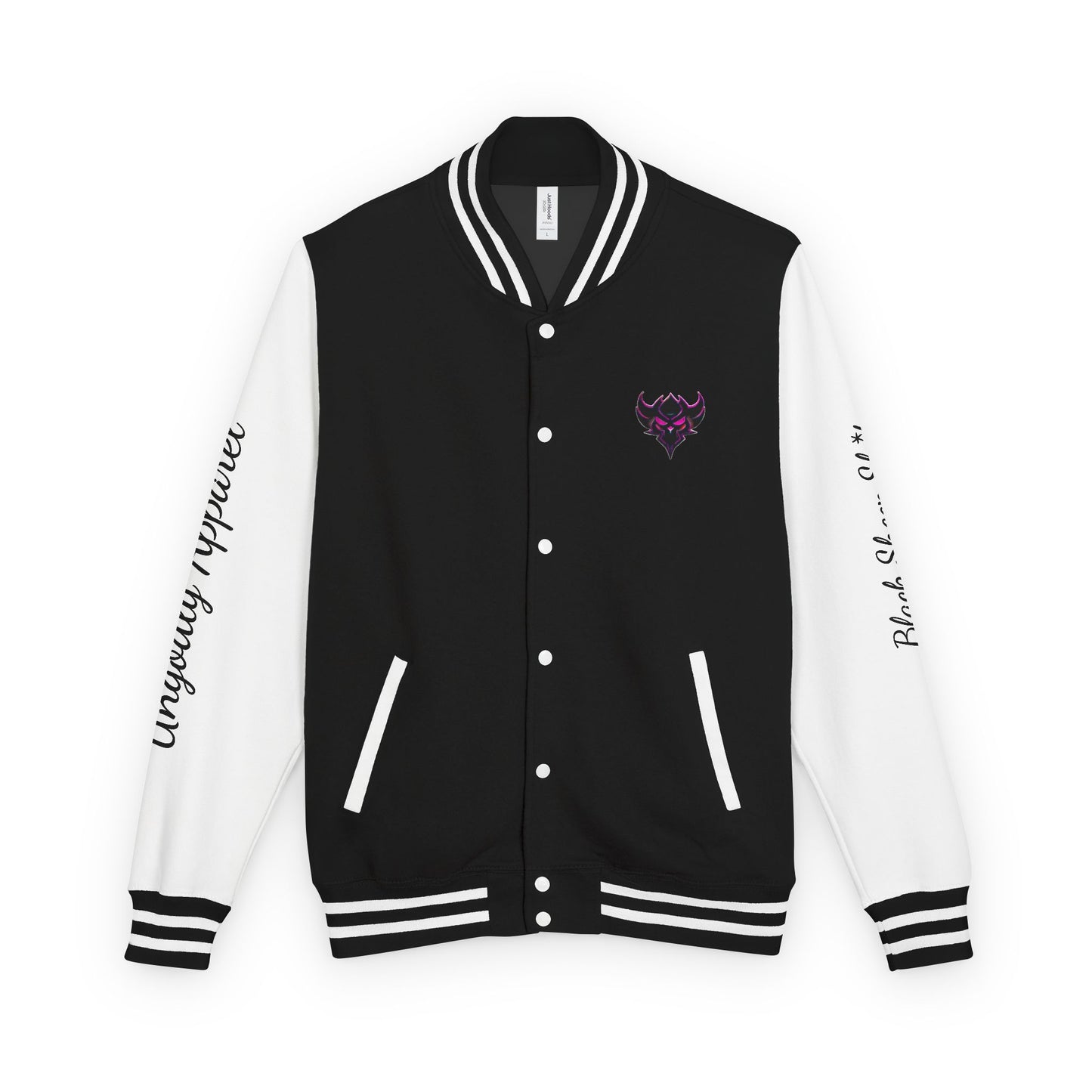 Letterman Jacket — Pink Kaleidoscope "Black Sheep of the Family"  Design with 'Ungodly Apparel' Sleeve Text