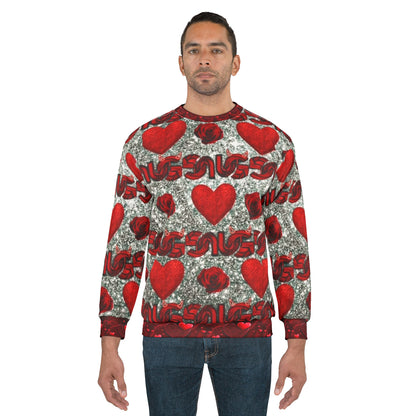Unisex Valentine Heart Pattern Sweatshirt – All-Over Print Red Hearts & Roses Crewneck